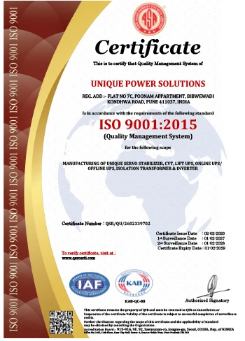 ISO 9001:2015 Certificate - Unique Power Solutions